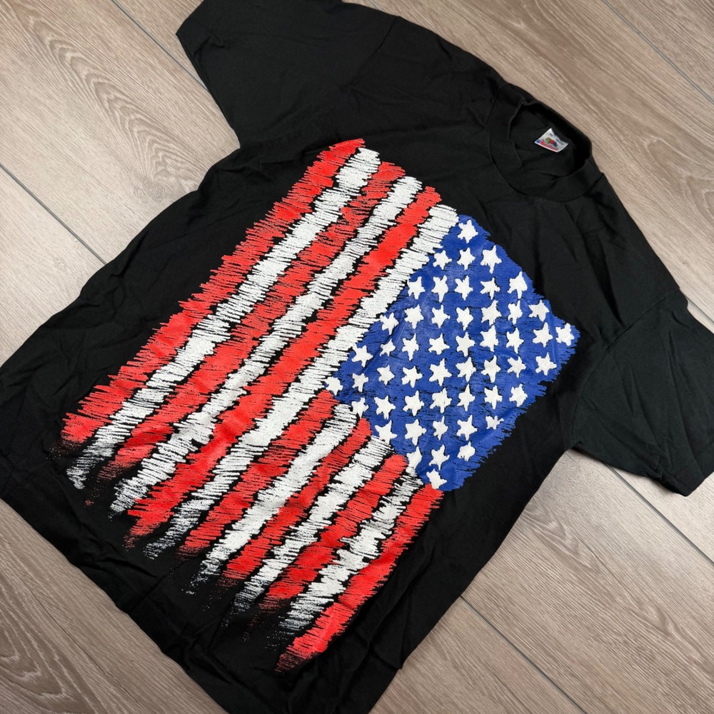 Fruit of the Loom Mens T-Shirt American Flag Graphic Vintage Black XL